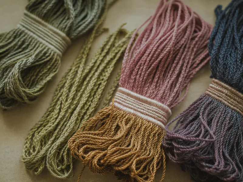 Hand-dyed embroidery thread skeins fanned across pale linen in window light