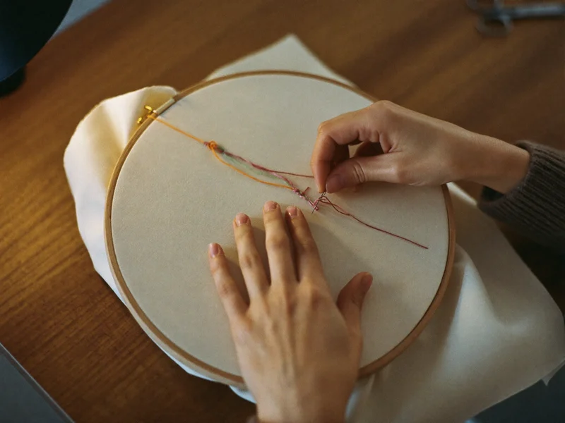 Maker's hands threading a needle through fabric in an embroidery hoop