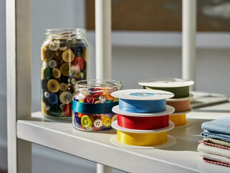 Shelf of jarred buttons, ribbon spools and fabric offcuts in a studio corner
